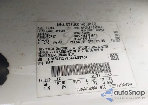 2004 Ford Expedition Xlt z USA, uszkodzony, nr VIN 1FMRU15W54LB58767